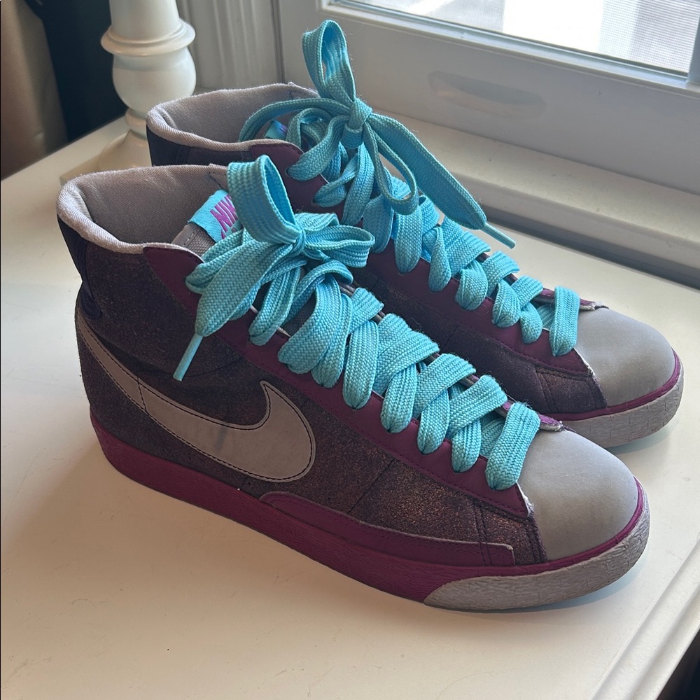 Nike Women's Blazer High Top sneakers purple colorway with turquoise laces